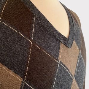 Banana Republic Argyle Brown Tan Grey Cotton Cashmere V Neck Sweater Medium